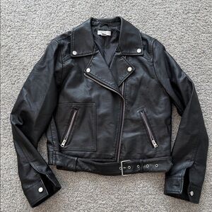 Topshop Black Leather Biker Jacket with Silver Details